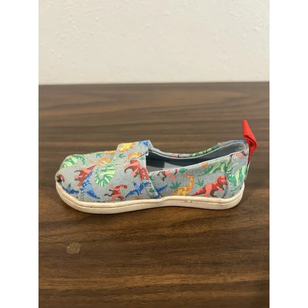 TOMS Alpargata Blue Denim Dino Slip‎ On Toddler Size 7 Shoes Dinosaur Sneakers